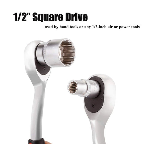 Heavy Duty 19 Piece Half Inch Drive Universal Spline Socket Set With 12 Point Chrome Vanadium Sockets close-up on wrenches