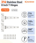 Heavy Duty 316 Marine Grade Stainless Steel T Hinges 8 By 4 Inches, shown in a 2-pack with screws for outdoor gate and boat door use.