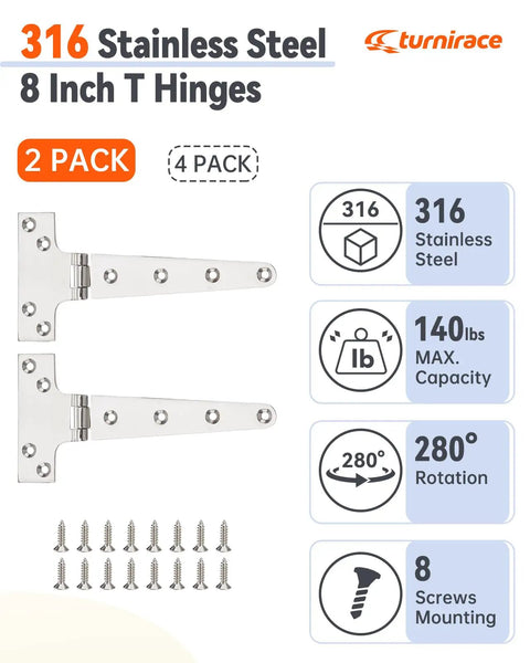 Heavy Duty 316 Marine Grade Stainless Steel T Hinges 8 By 4 Inches, shown in a 2-pack with screws for outdoor gate and boat door use.