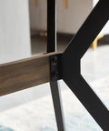 Modern Wooden Dining Table With Black Metal Base And Heat Transfer Legs Featuring Adjustable Leveling Feet Beveled Safety Edges detail of leg connection and metal frame