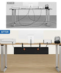 Before and after view of a desk with the No Drill Under Desk Cable Management Tray 30 Inch Cord Organizer keeping cables hidden.