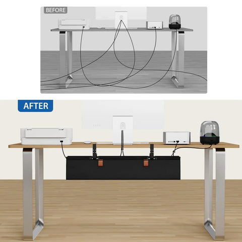 Before and after view of a desk with the No Drill Under Desk Cable Management Tray 30 Inch Cord Organizer keeping cables hidden.