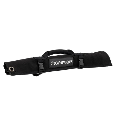 Heavy Duty 24 oz Canvas Large Wrench Roll Tool Bag with grommet and padded handle, rolled up view, Dead On Tools branding