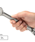 Hand holding 3/4 inch wrench from Reversible 12 Point Ratcheting Wrench Set With Modular Organizers 15 Piece From Quarter Inch To One Inch Heavy Duty Pro Grade Hand Tools For Fast Easy Auto And Home Repairs