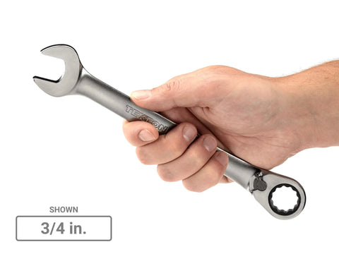 Hand holding 3/4 inch wrench from Reversible 12 Point Ratcheting Wrench Set With Modular Organizers 15 Piece From Quarter Inch To One Inch Heavy Duty Pro Grade Hand Tools For Fast Easy Auto And Home Repairs