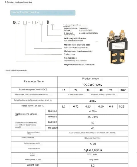 Heavy Duty DC Contactor QCC26C 400 Amp Electric Truck Stacker Motor Switch specifications and technical details.