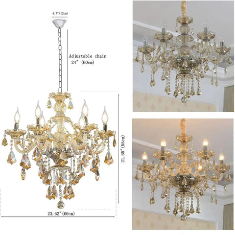 Modern K9 Crystal Chandelier In Cognac Finish, Six Lights, E12 Base Candle Crystal Pendant Lighting Fixture details and measurements