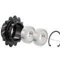 Exploded view of 12 Tooth Roller Chain Sprocket for ISO 06B, 40mm OD, 8mm Bore, Three Eighth Inch Pitch Idler With Single Bearing, Heavy Duty Black Oxide Finish