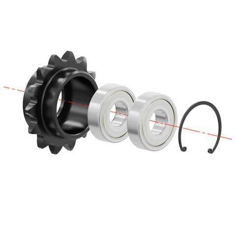 Exploded view of 12 Tooth Roller Chain Sprocket for ISO 06B, 40mm OD, 8mm Bore, Three Eighth Inch Pitch Idler With Single Bearing, Heavy Duty Black Oxide Finish
