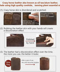 Oil Tan Crazy Horse Cowhide Leather Sheets 1.8-2.0mm Thick Full Grain Genuine Leather showing wear, polishing, and aging effects.