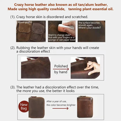 Oil Tan Crazy Horse Cowhide Leather Sheets 1.8-2.0mm Thick Full Grain Genuine Leather showing wear, polishing, and aging effects.