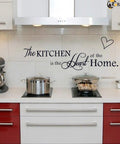 Kitchen Wall Stickers Set With Inspiring Quote The Kitchen Is The Heart Of The Home Vinyl Wall Decal on a modern kitchen wall