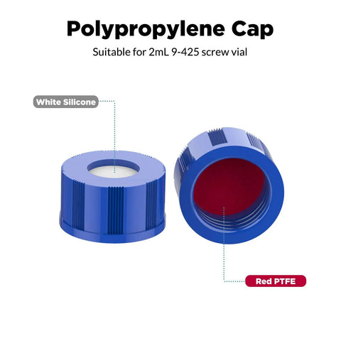 Top Drawer 2ML Clear Borosilicate Glass Autosampler Vials With No Fuss 9 425 Screw Threads polypropylene cap in blue, suitable for screw vial.