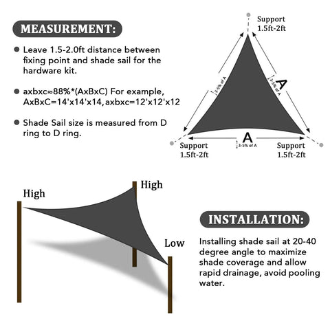 Triangle Shade Sail 14 Foot By 14 Foot By 14 Foot Dark Grey Outdoor Canopy measurement and installation guide