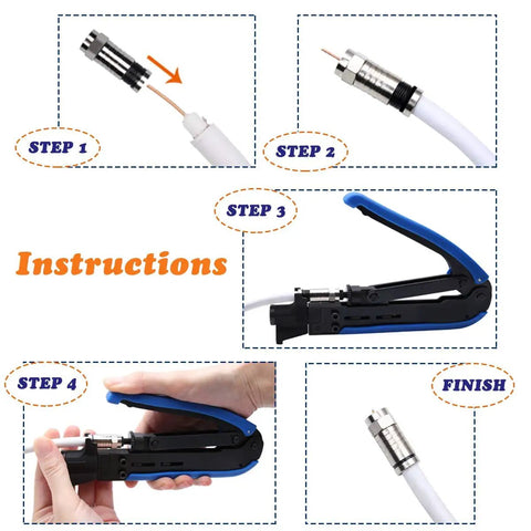 Instruction steps for using Coaxial Cable Crimper Kit With 20 F Compression Connectors For RG6 RG59 RG11 And More All In One Crimping Tool Set.