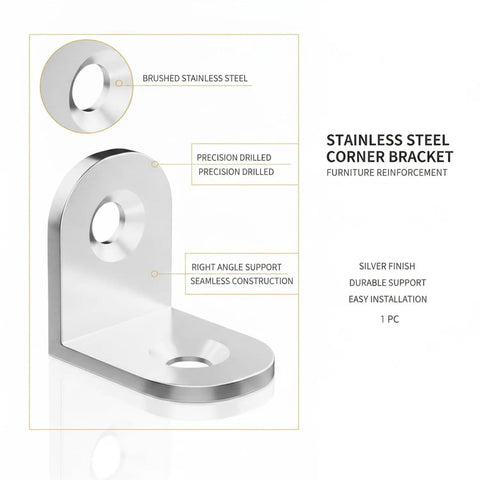 Stainless Steel Right Angle Corner Bracket For Bed Frames And Cabinets, durable silver finish, seamless construction, 1 piece