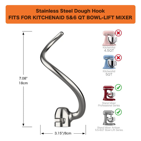 Dough Hook Replacement For 5 Quart And 6 Quart Bowl Lift Stand Mixers Made Of Stainless Steel
