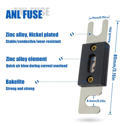 Heavy Duty 150A ANL Fuse Holder And 150 Amp 32 Volt Dc Blade Fuses For Car Audio Setup with nickel-plated zinc alloy construction.
