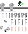Components of 6.6 Ft Sliding Barn Door Hardware Kit Heavy Duty Top Mount Stainless Steel Track for Single Wood Door.