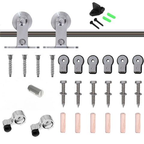Components of 6.6 Ft Sliding Barn Door Hardware Kit Heavy Duty Top Mount Stainless Steel Track for Single Wood Door.
