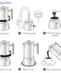 Stainless Steel Stovetop Espresso Maker 6 Cup Moka Pot For Induction 10 Oz Italian Style Coffee Pot with preparation steps.