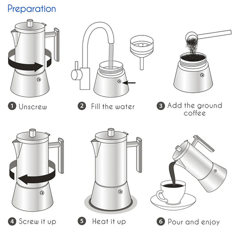 Stainless Steel Stovetop Espresso Maker 6 Cup Moka Pot For Induction 10 Oz Italian Style Coffee Pot with preparation steps.