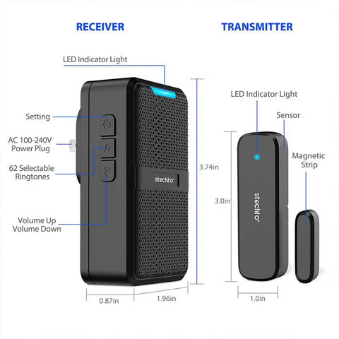 Wireless Door Chime Kit With 600 Ft Range 5 Adjustable Volume Levels 2 Magnetic Door Sensors 1 Plug In Doorbell Receiver 62 Ringtones