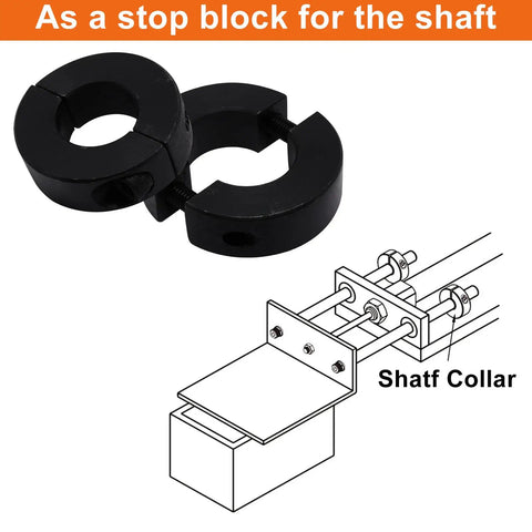 Two Piece Clamp On Shaft Collars For Industrial Machinery, Black Double Split, Three Quarters Inch Bore, Illustration Showing Use