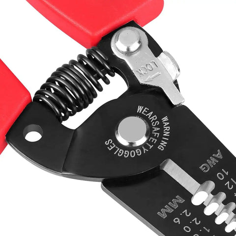 Close-up of 10-22 AWG Wire Stripper Cutter For Home And Pro Use, showcasing manganese steel blades and non-slip handle design.