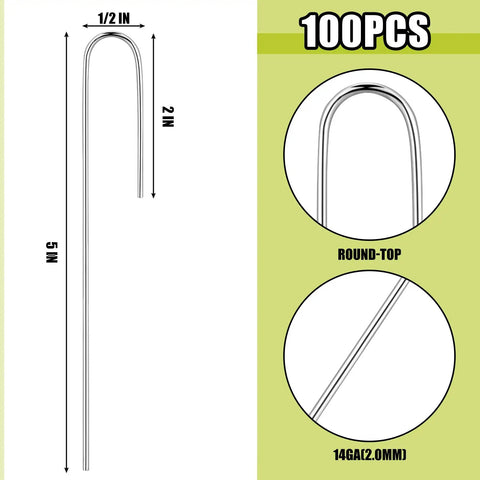 Diagram of 100 Count Half Inch Irrigation Drip Tubing Stakes 5 Inch J Shaped Landscape Staples with 1/2 inch width and 14GA thickness.
