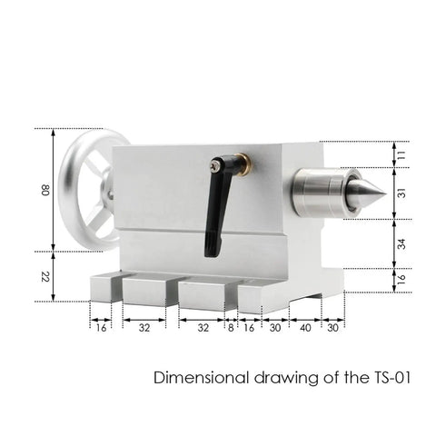 Dimensional drawing of the Killer CNC Engraving Tailstock Base System Featuring Three Swappable Heads Model TS-03.