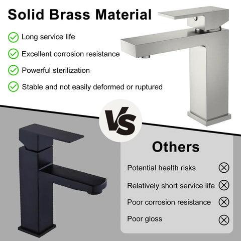Dope Brushed Nickel One Hole Bathroom Faucet Built From Solid Brass With Pop Up Drain Stopper And Flexible Water Supply Hoses CEC And cUPC Certified Lead Free Vanity Faucet For Bathroom Sink shown with comparison to alternative.