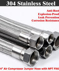 Heavy Duty Air Compressor Jumper Hose 20 Inch Long With Quarter Inch NPT Male Connector Crafted From Durable Stainless Steel Braid For Rock Solid Shop Performance And Quick Air Tool Hookups In The Garage, close-up of stainless steel connectors.