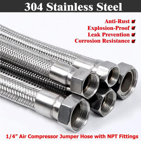 Heavy Duty Air Compressor Jumper Hose 20 Inch Long With Quarter Inch NPT Male Connector Crafted From Durable Stainless Steel Braid For Rock Solid Shop Performance And Quick Air Tool Hookups In The Garage, close-up of stainless steel connectors.