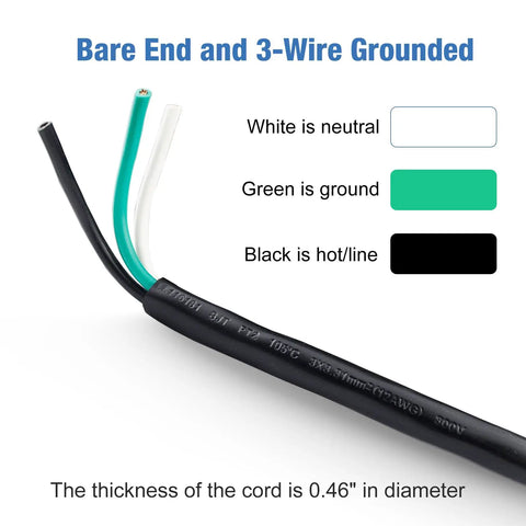Heavy Duty 6 Foot 12 Gauge 3 Prong Power Cord Replacement For Home Appliances NEMA 5-15P Plug To Bare End SJT 12AWG 12/3