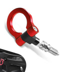 Heavy Duty Forged Car Front Bumper Tow Hook With Secure European Screw On Trailer Eye Ring And Snap Closure Lock Pin in red, close-up view.