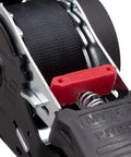 Close-up of a 4 Pack 1 Inch By 10 Foot Bolt On Retractable Ratchet Straps with black strap and red release lever.