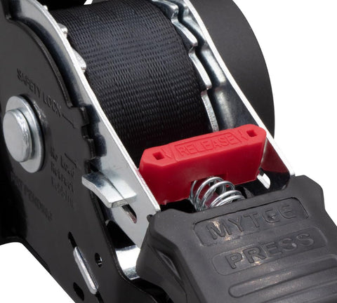 Close-up of a 4 Pack 1 Inch By 10 Foot Bolt On Retractable Ratchet Straps with black strap and red release lever.