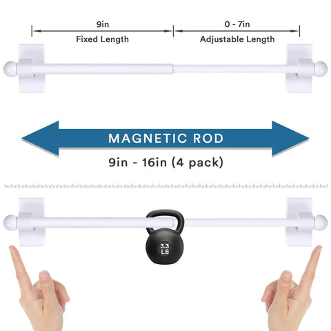 Magnetic Curtain Rods 4 Pack For Metal Doors Nine To Sixteen Inch Adjustable Half Inch Diameter White No Tools Required