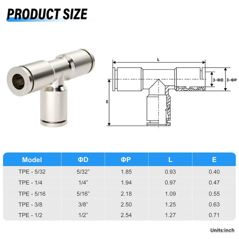 1/4 Inch Push To Connect Tee And Straight Union Fittings Copper Nickel Plated No Tools Needed For Air Tubing 290 Psi
