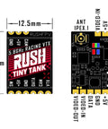 Diagram of Smallest Tank Series FPV Video Transmitter With Rush Lock On Technology showing dimensions and ports.