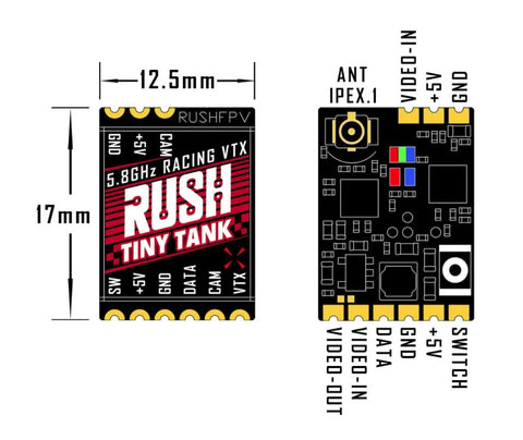 Diagram of Smallest Tank Series FPV Video Transmitter With Rush Lock On Technology showing dimensions and ports.