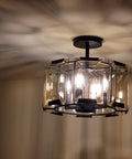 Vintage Crystal Chandelier Dope Round Wagon Wheel Frame 4 Light Matte Black Semi Flush Mount Ceiling Light For Industrial Farmhouse Bedroom Dining Room Kitchen Hallway Entrance