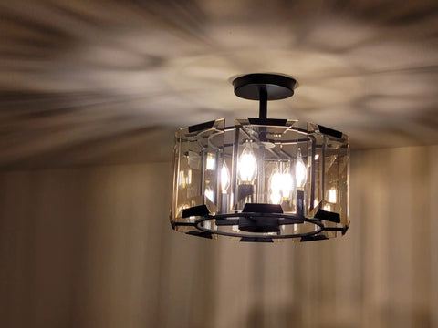 Vintage Crystal Chandelier Dope Round Wagon Wheel Frame 4 Light Matte Black Semi Flush Mount Ceiling Light For Industrial Farmhouse Bedroom Dining Room Kitchen Hallway Entrance