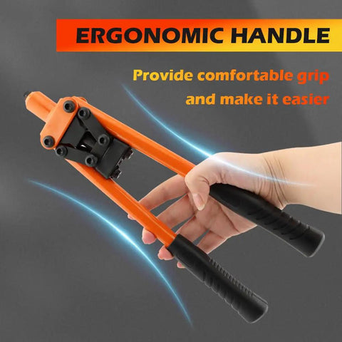 Heavy Duty One Hand Rivet Gun Kit With Fifty Rivets For Slick Auto Repairs And Furniture Builds Easy Grip Alloy Manual Riveter showing ergonomic handle design.