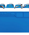Pro Grade Heat Insulation Silicone Repair Mat With Built In Scale Ruler Magnetic Parts Pockets And Screw Position Guides For Soldering Iron Phone And Computer Repair On A 22 By 14 Inch Workbench Pad shown with tools and electronics.