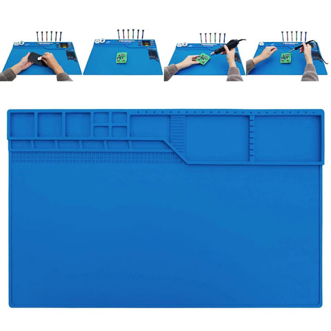 Pro Grade Heat Insulation Silicone Repair Mat With Built In Scale Ruler Magnetic Parts Pockets And Screw Position Guides For Soldering Iron Phone And Computer Repair On A 22 By 14 Inch Workbench Pad shown with tools and electronics.