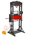 Front view of Beefy 30 Ton H Frame Air Hydraulic Shop Press With Hand Winch And Pin Kit Fully Welded Steel Frame Safety Guard.