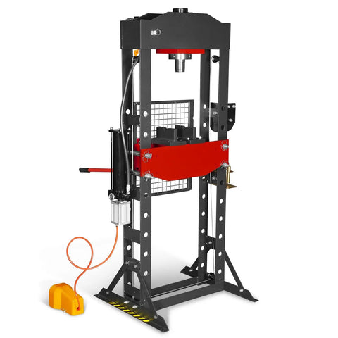 Front view of Beefy 30 Ton H Frame Air Hydraulic Shop Press With Hand Winch And Pin Kit Fully Welded Steel Frame Safety Guard.