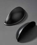 Matte Black Cup Pulls Set of 10 for Cabinets and Drawers Three and Eleven Sixteenths Inch Length, front and top view displaying design.